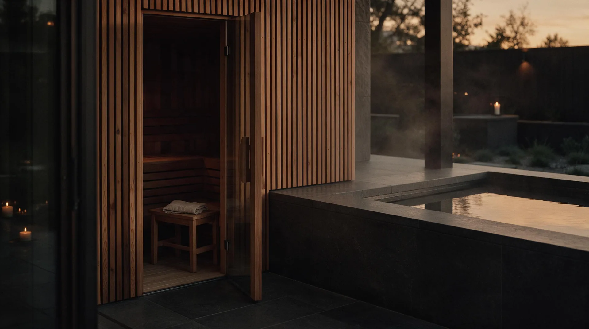 A cedar sauna beside a dark stone cold plunge at dusk, lit by candlelight