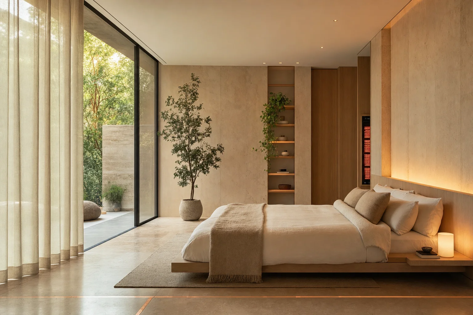 A calm biohacking bedroom with dawn-simulation lighting, natural stone floors, and a discreet red-light therapy panel
