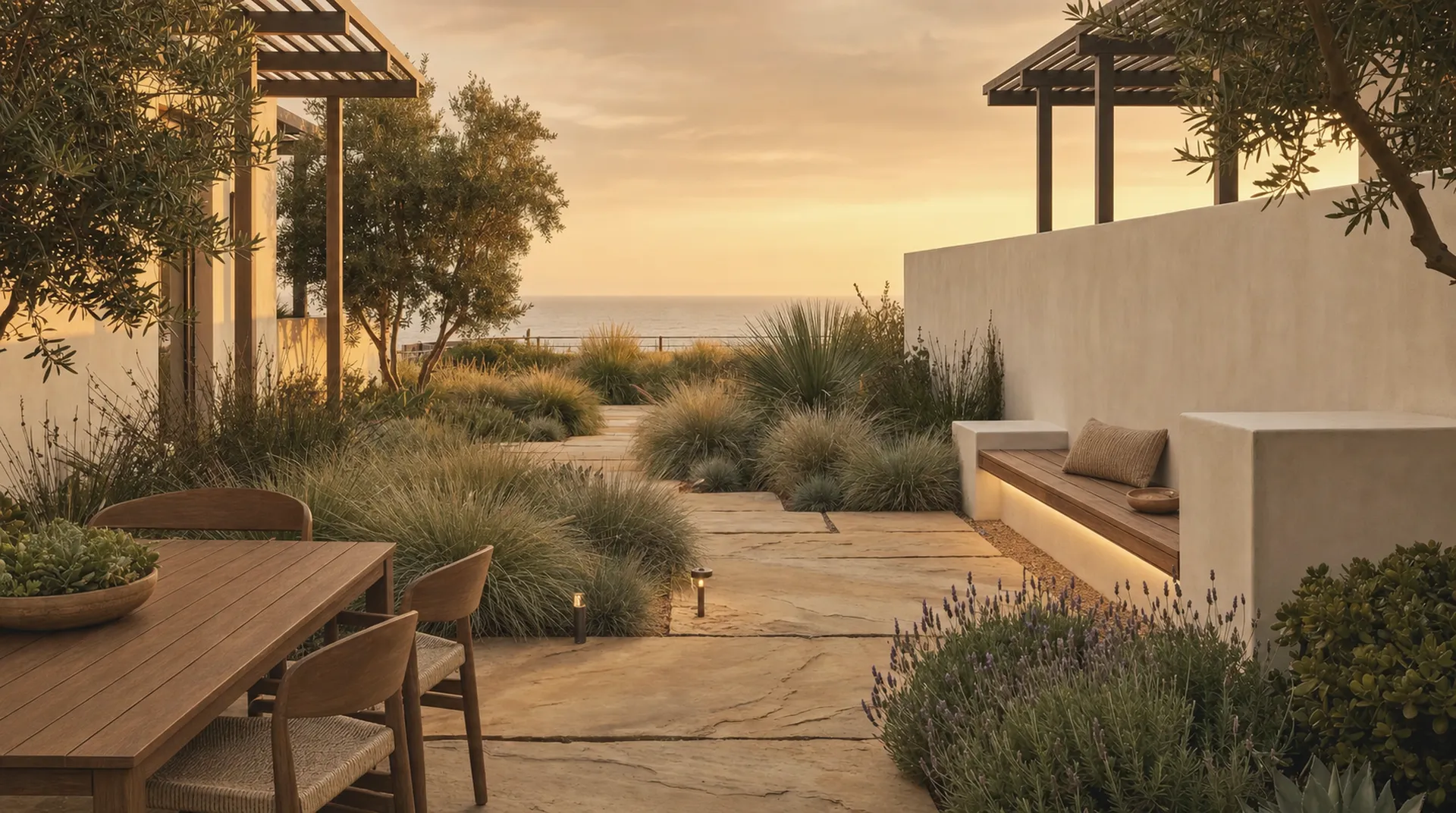 A calm outdoor garden patio at golden hour, overlooking the California coastline