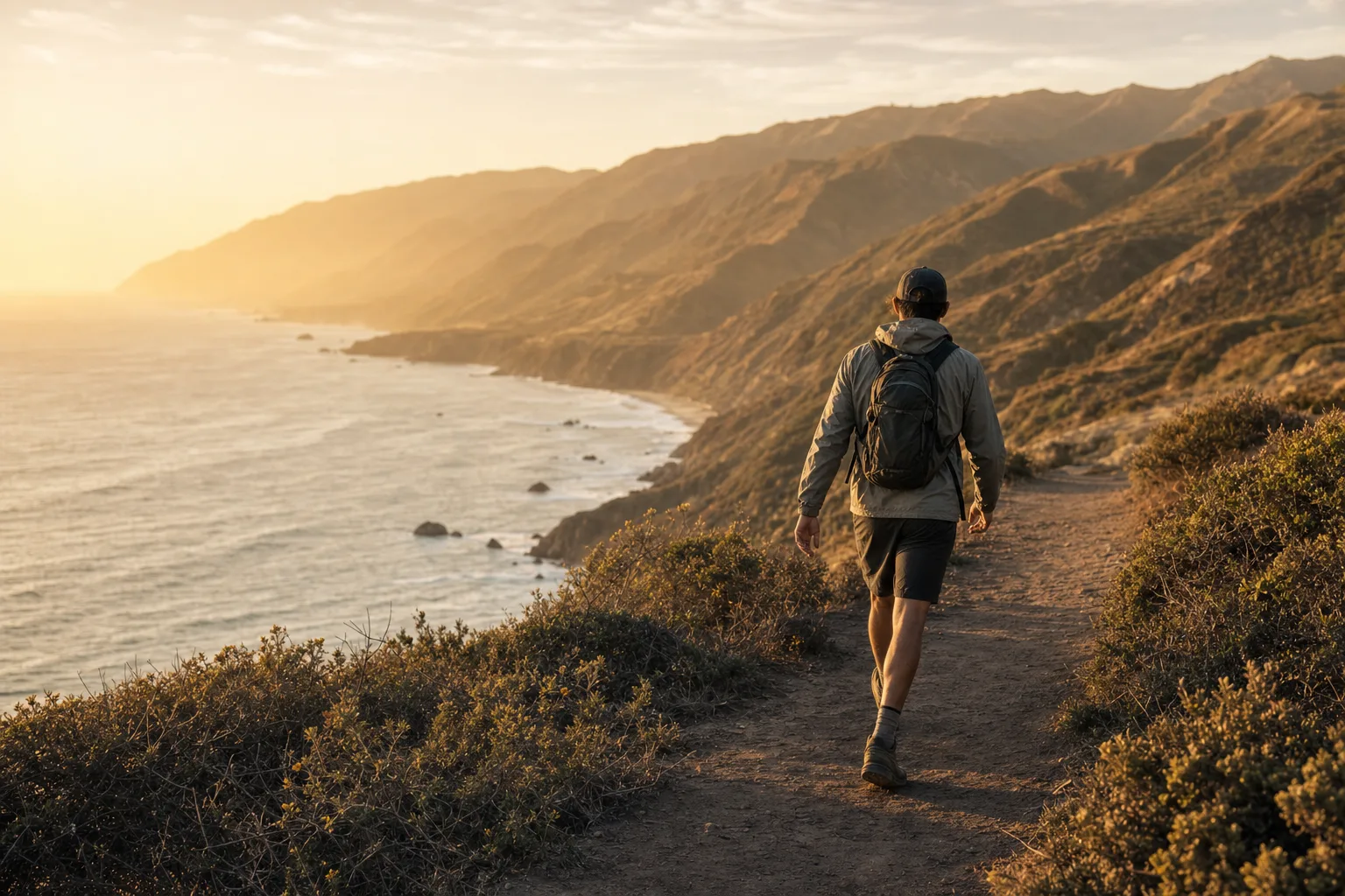 A person walking along a coastal trail at golden hour
