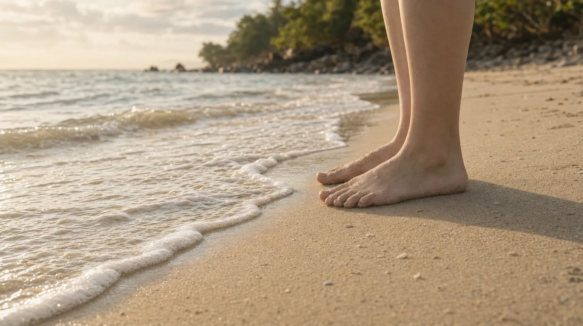 Bare feet standing at the water's edge