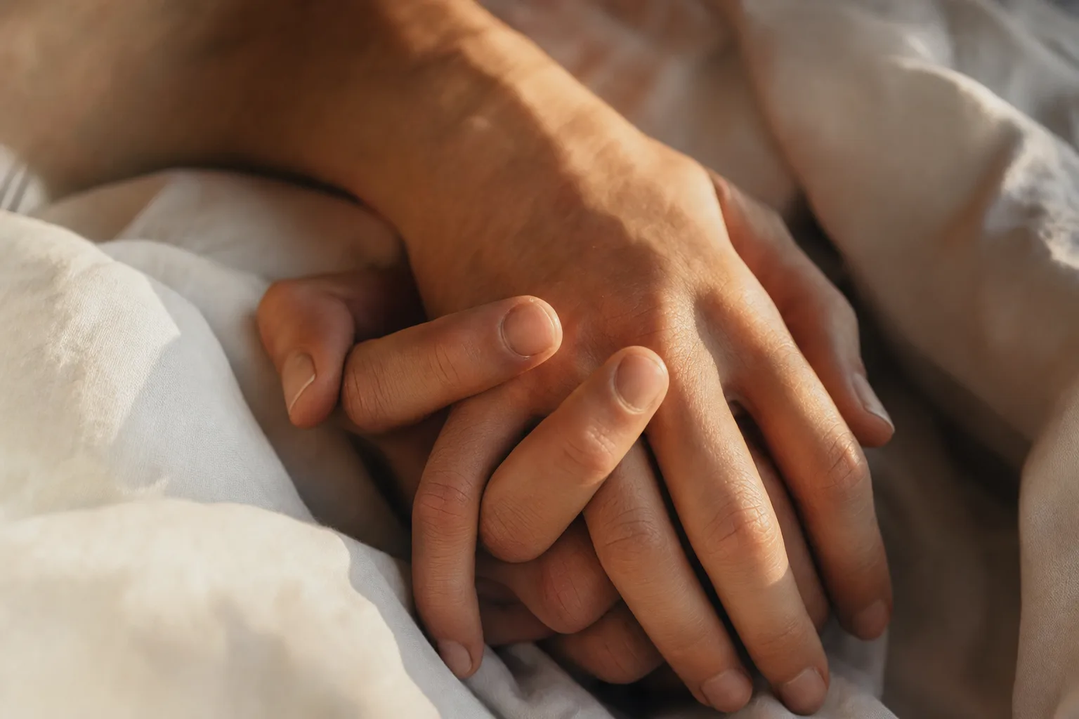 Two hands intertwined in soft morning light on rumpled linen sheets