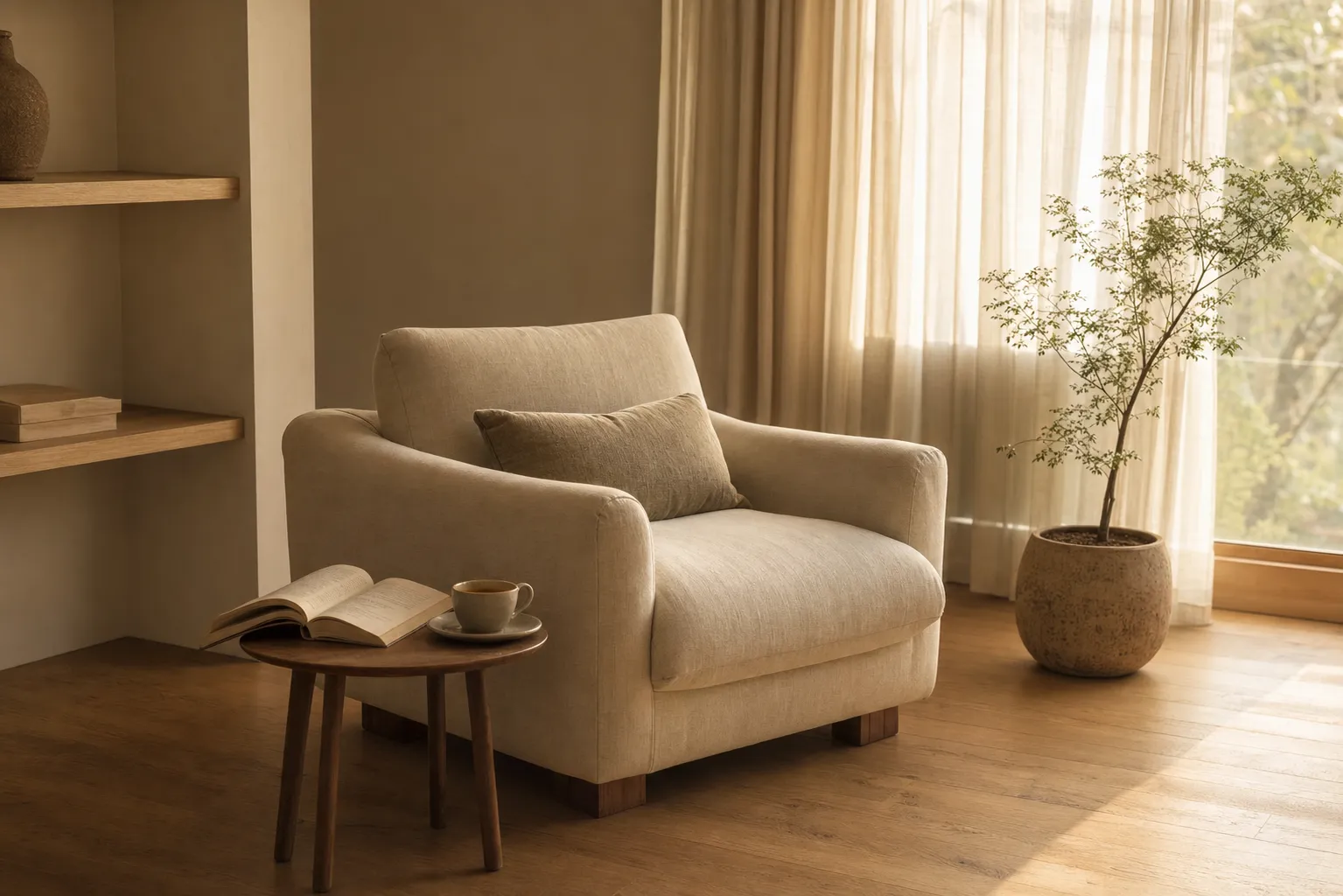 A single reading chair beside a sunlit window in a warm, quiet-luxury interior