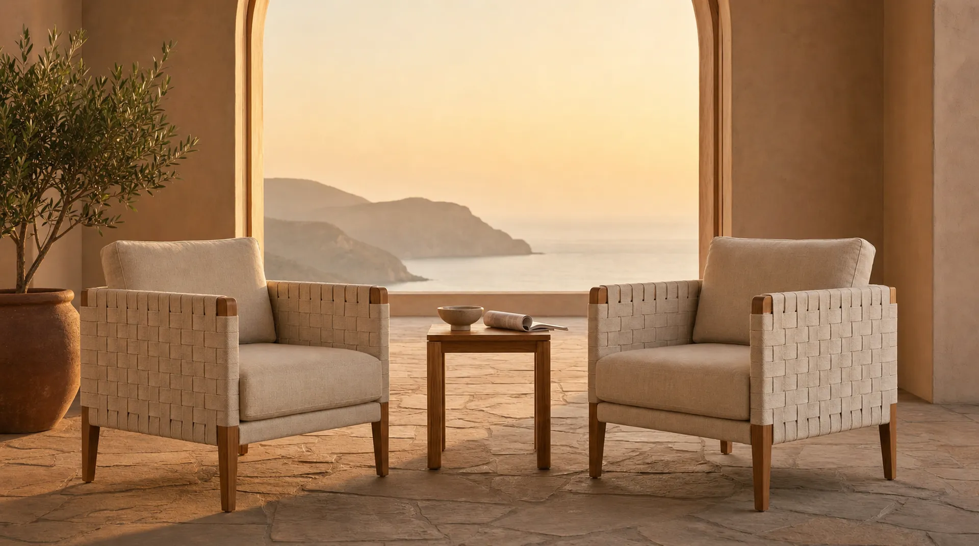 Two empty chairs on a terrace overlooking coastal hills