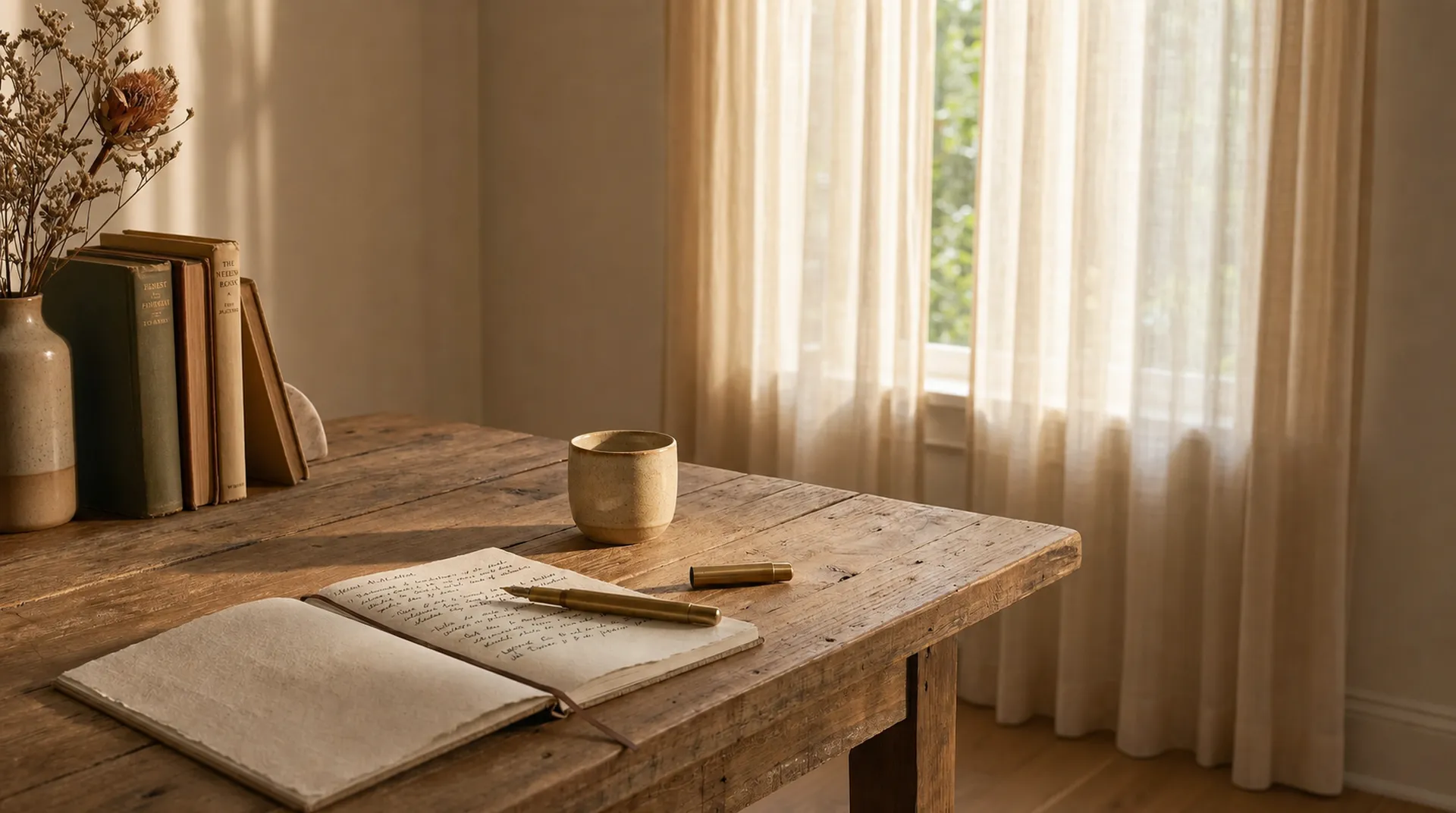 A desk with a notebook, pen, and cup near a window