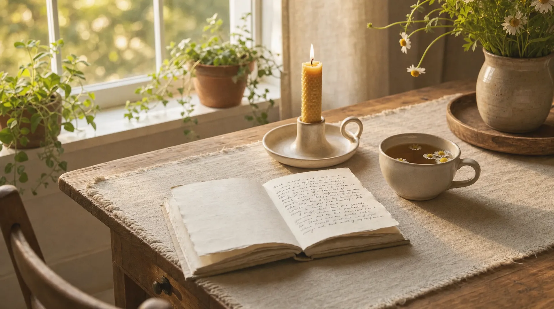 A candle, journal, and cup of tea arranged on a linen table