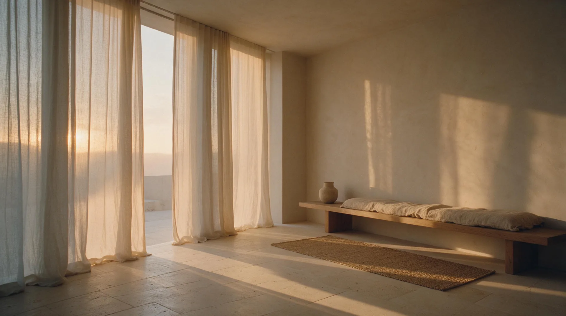 A still, sunlit room at dawn with sheer linen curtains, limestone floor, and a low oak bench