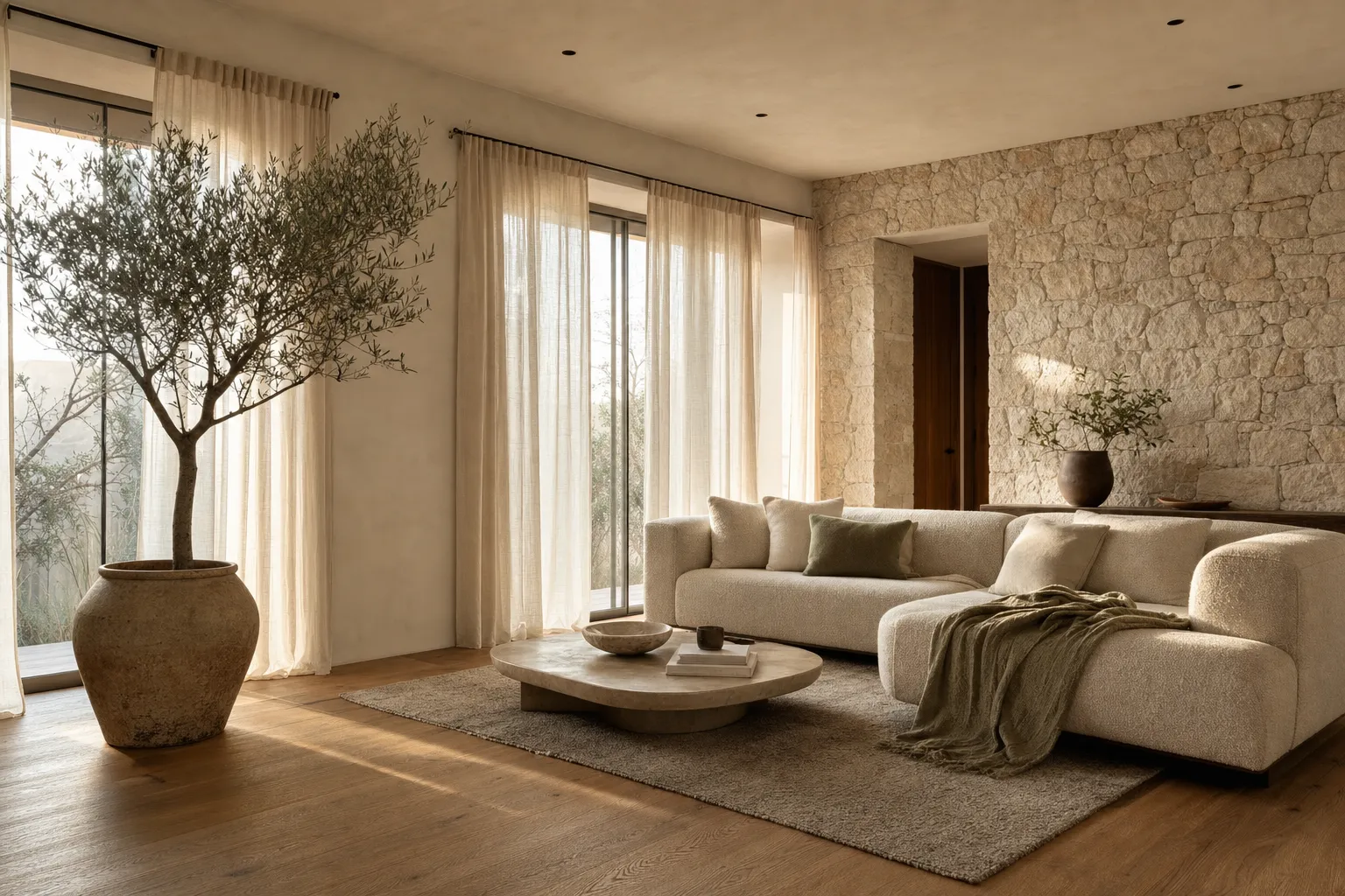 A sunlit, quiet-luxury living room with warm hardwood floors, sheer linen curtains, and a stone accent wall