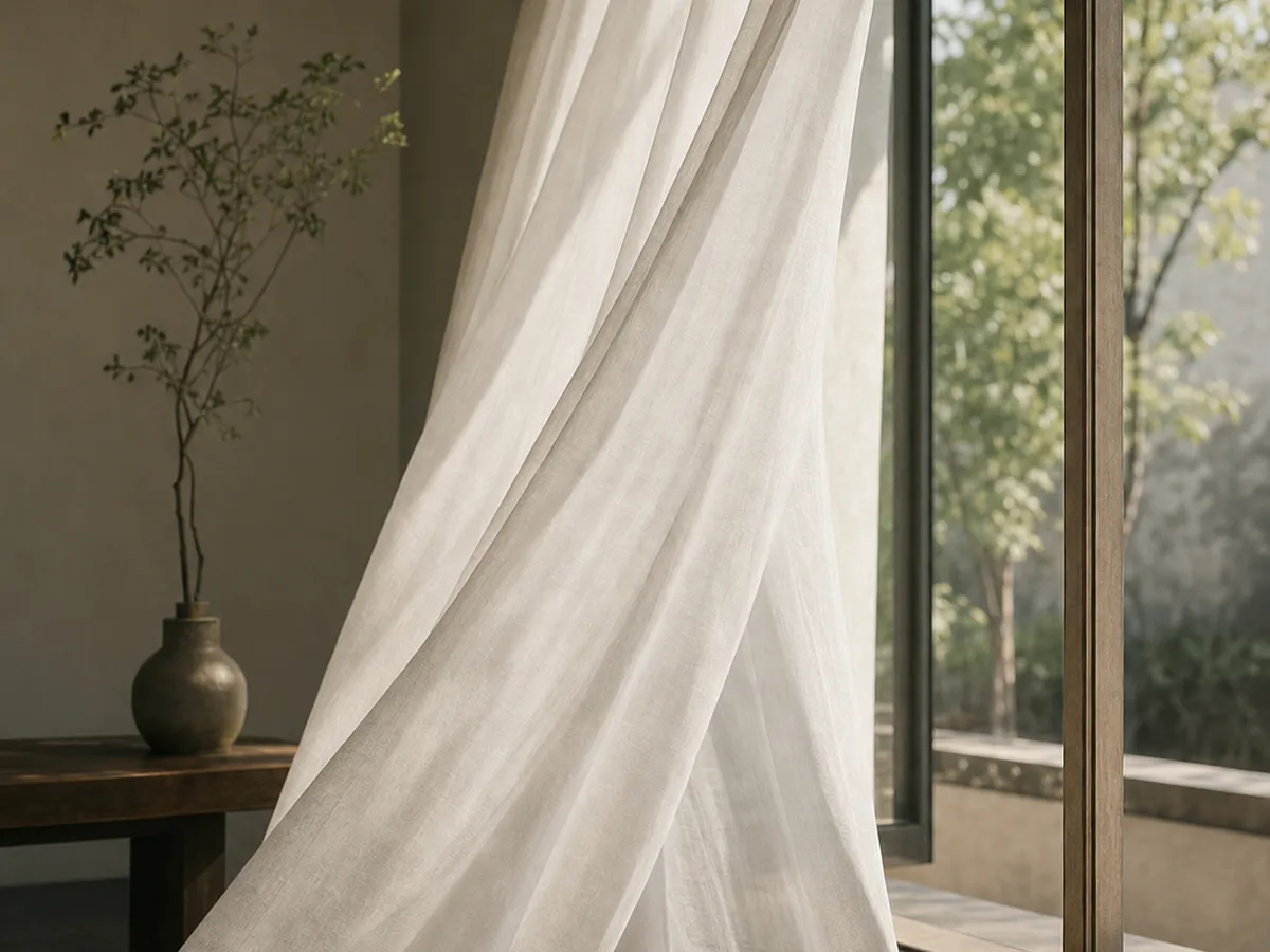 Sheer curtains billowing open in soft light, evoking release and emotional freedom from old patterns