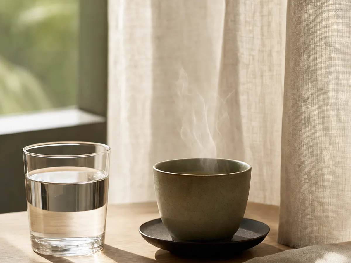 A single lit candle and folded linen on a quiet windowsill, evoking mindful presence and stillness