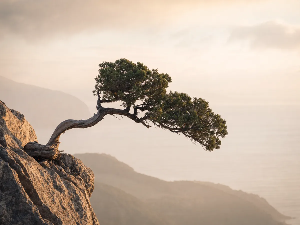 A weathered but sturdy tree bending in coastal wind, symbolizing resilience through stress and change