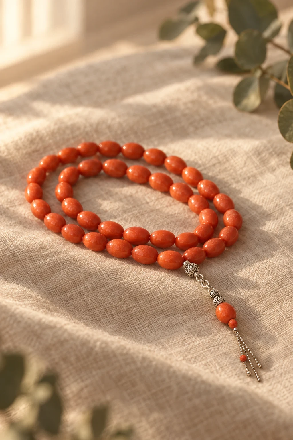 Presence Beads: a loop of coral-orange oval beads with a fine silver chain tassel, resting on natural linen beside eucalyptus