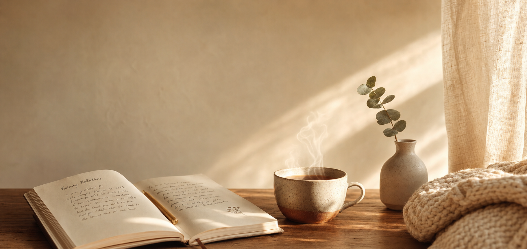 A journal open to handwritten morning reflections on a sunlit wooden desk, beside tea and a eucalyptus sprig