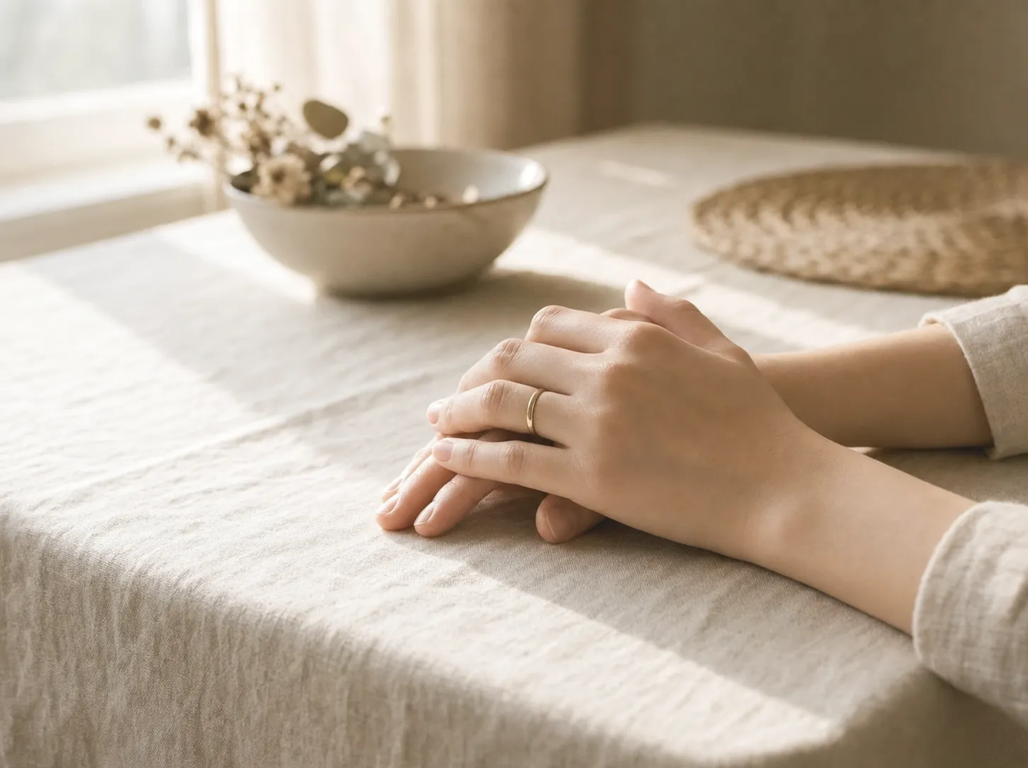 Intertwined hands resting on a linen table, evoking connection and trust between partners