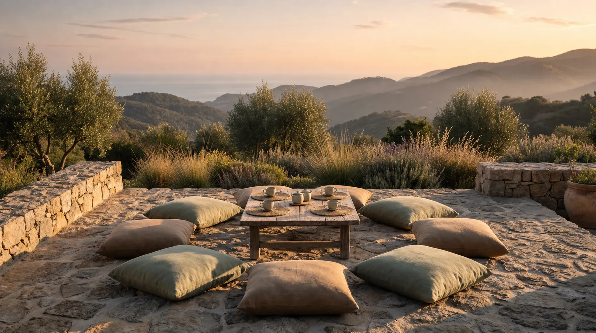 A circle of linen floor cushions arranged around a low wooden table on a stone terrace overlooking hazy hills