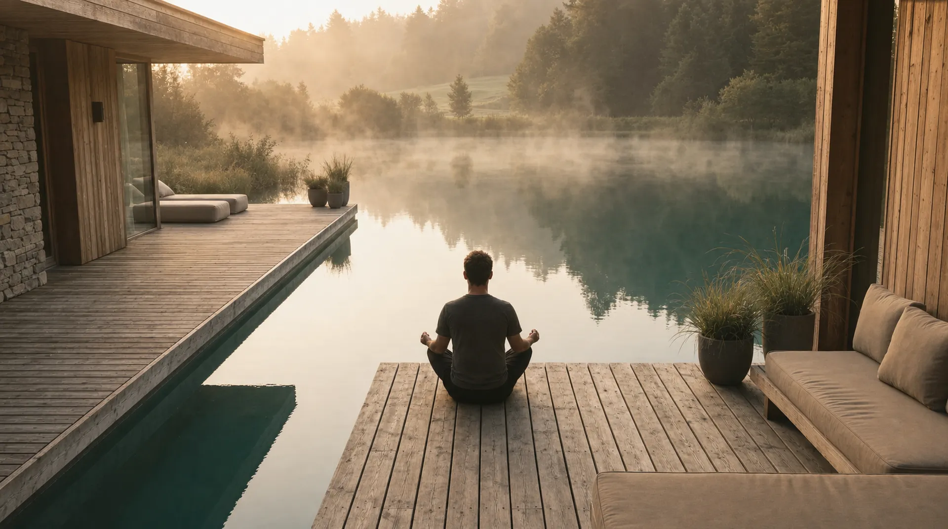 A silhouetted figure meditating quietly on a dock at dawn, facing the water
